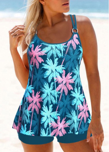 Modlily Circular Ring Mid Waisted Tropical Plants Print Tankini Set - XXL