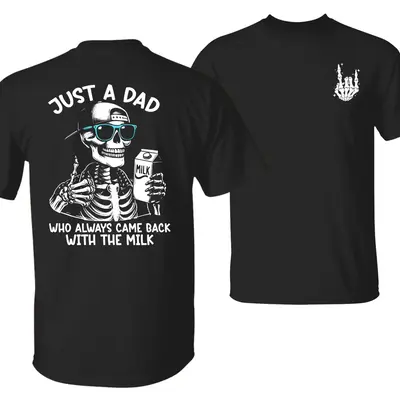 Dad With Milk T-Shirt Funny Skeleton Graphic Tee for Fathers With a Sense of Humor Great for Family Parties Unisex Tops Mensw...