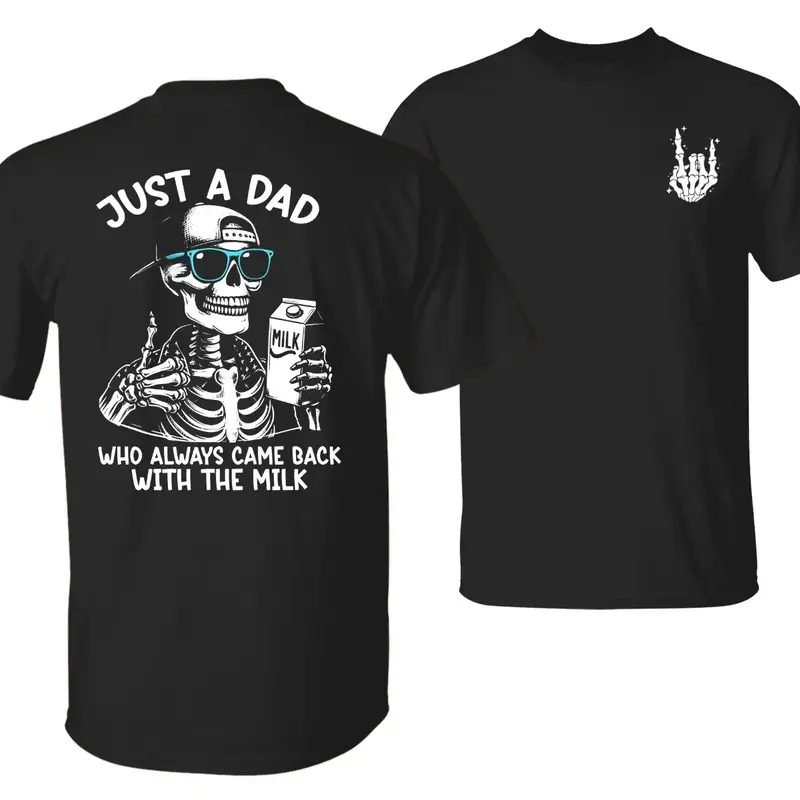 Dad With Milk T-Shirt Funny Skeleton Graphic Tee for Fathers With a Sense of Humor Great for Family Parties Unisex Tops Mensw...