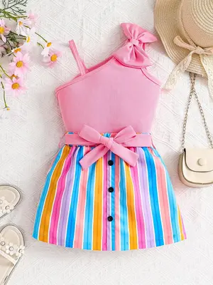 Two-piece Set Girl's Bow Decor Tank Top & Rainbow Stripe Print Belted Skirt Set, Casual Sleeveless Top & Skirt for Beach Vaca...
