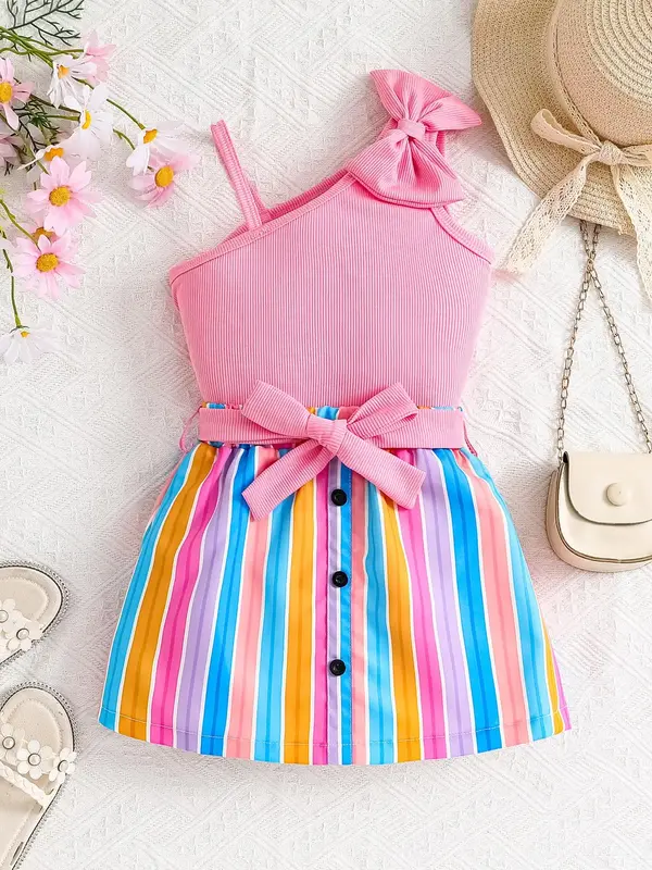 Two-piece Set Girl's Bow Decor Tank Top & Rainbow Stripe Print Belted Skirt Set, Casual Sleeveless Top & Skirt for Beach Vaca...