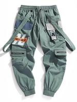Men's Letter Print Patched Drawstring Waist Cargo Pants, Casual Loose Multi-pocket Belt Decor Convertible Trousers for Daily ...