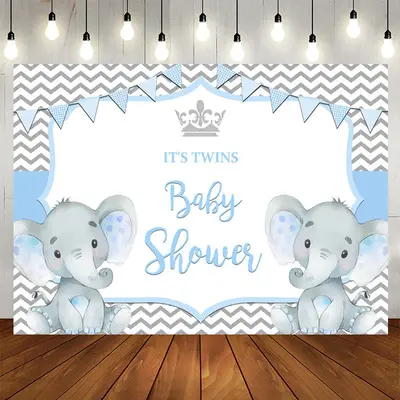 Aperturee It'S Twins Two Baby Blue Elephants Baby Shower Backdrop