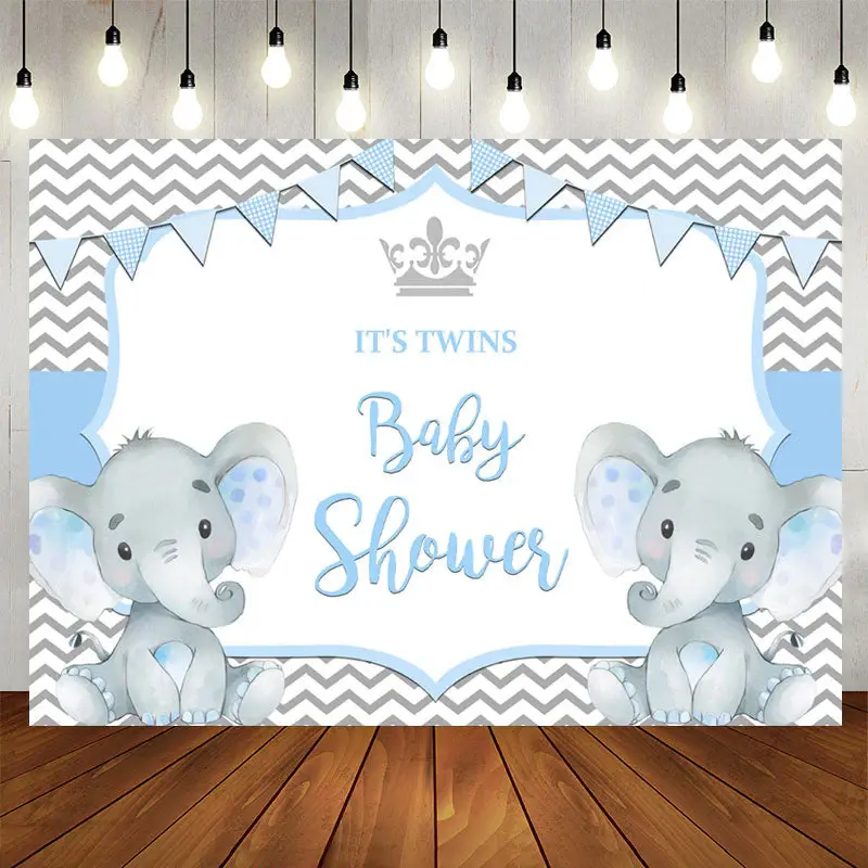 Aperturee It'S Twins Two Baby Blue Elephants Baby Shower Backdrop