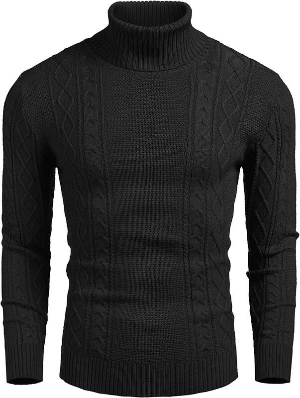 Turtleneck Casual Cable Knitted Pullover Sweaters (US Only), Black / XL