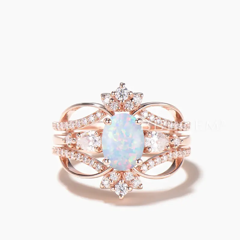 Oval Cut White Opal Engagement Ring Moissanite Ring Enhancer Bridal Set