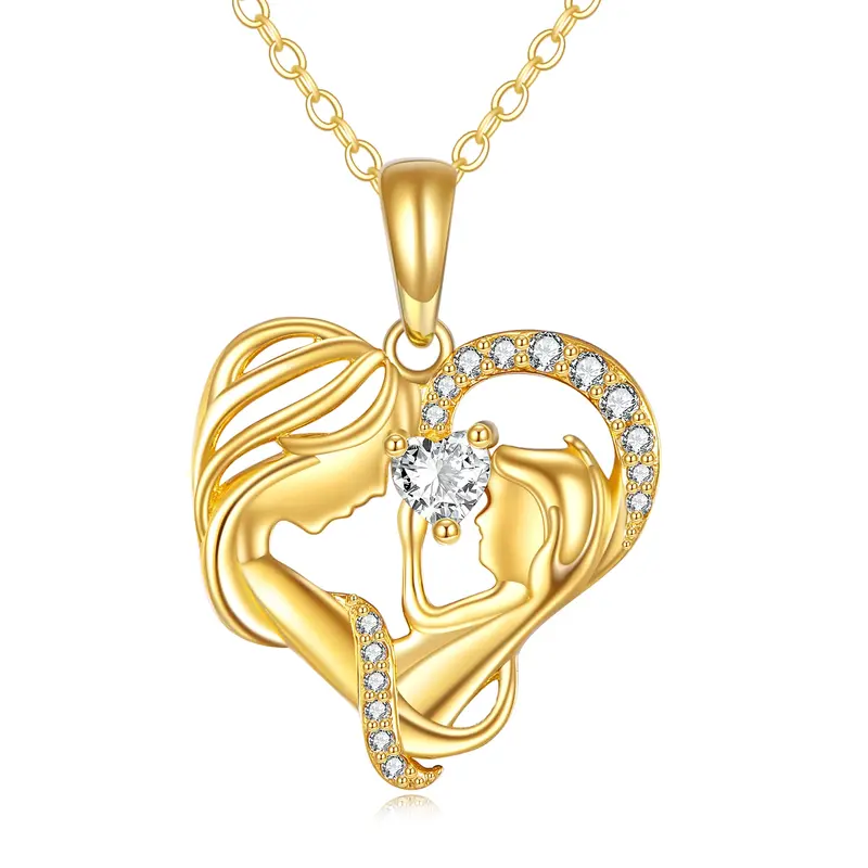 14K Gold Heart Cubic Zirconia Mom & Bbay Pendant Necklace For New Mom