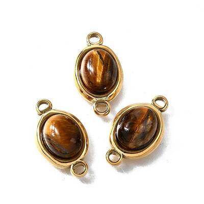 304 Stainless Steel Pave Natural Tiger Eye Connector Charms