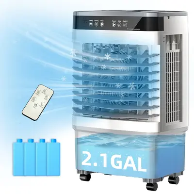 Evaporative Air Cooler with 12H Timer,4 Ice Packs ,2.1Gal Water Tank, Portable Cooling Fan 3 Speeds, 120°Oscillation,Smart R...