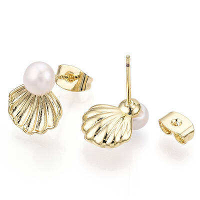 Brass Shell Shape & Natural Pearl Stud Earrings