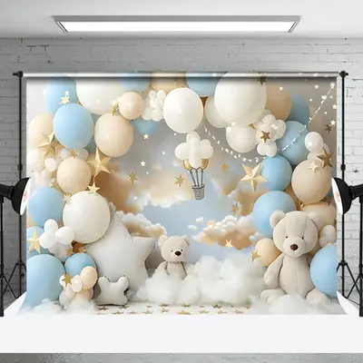 Aperturee Cozy Blue White Teddy Bear Balloon Cloud Backdrop | Wall Background Photoshoot | Photo Booth Background | Diy Photo...