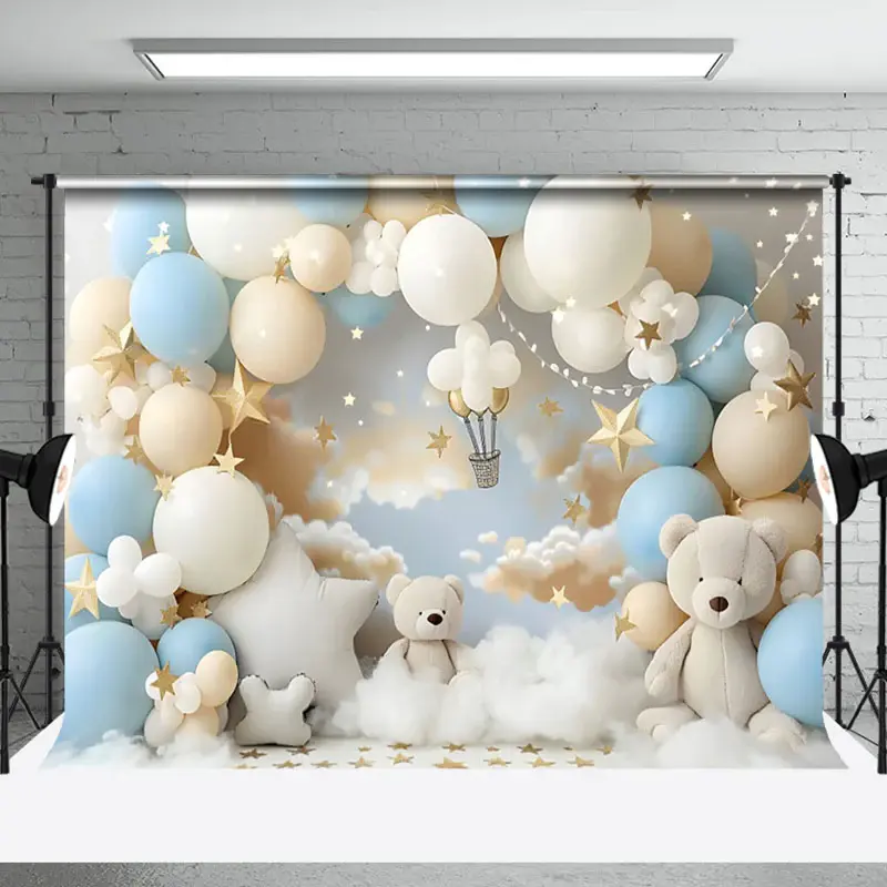 Aperturee Cozy Blue White Teddy Bear Balloon Cloud Backdrop | Wall Background Photoshoot | Photo Booth Background | Diy Photo...