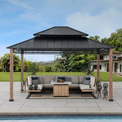 SUNJOY 13x15 Hardtop Gazebo Outdoor Patio Black Steel Frame Gazebo with 2-Tier Steel Roof