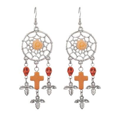 Woven Web/Net with Cross & Skull Synthetic Turquoise Dangle Earrings