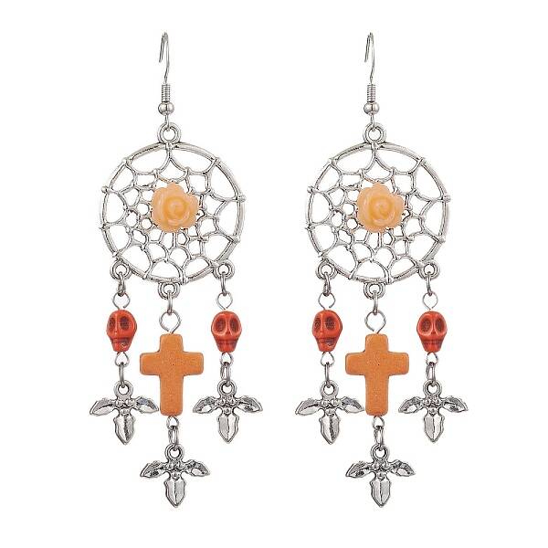 Woven Web/Net with Cross & Skull Synthetic Turquoise Dangle Earrings