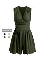 Women's Plain Ruched Deep V Neck Tank Romper, Elegant Fitted Sleeveless Romper for Summer, Fashion Casual Ladies Clothes for ...