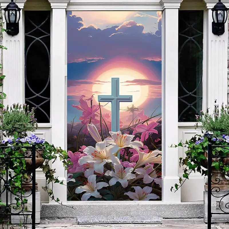 Sunrise Oil Painting Cross Lily Easter Door Cover - Aperturee
