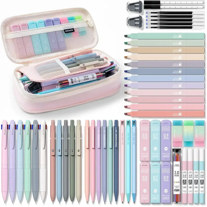 Four Candies 56 PCS Aesthetic School Supplies with Large Pencil Case, 6 Colored Ballpoint Pens, 12 Pastel Highlighters, 5 Bla...