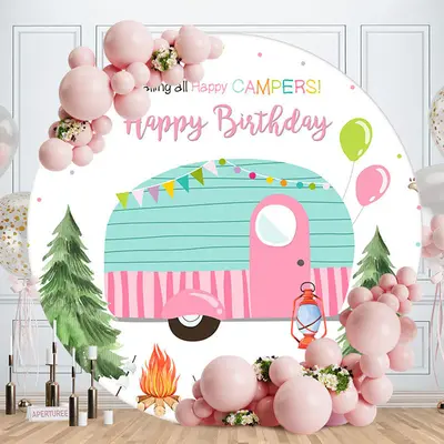 Aperturee Circle Campers Outdoor Happy Birthday Backdrop | Birthday Round Backdrop Cover | Round Backdrop Cover Diy | Circle ...
