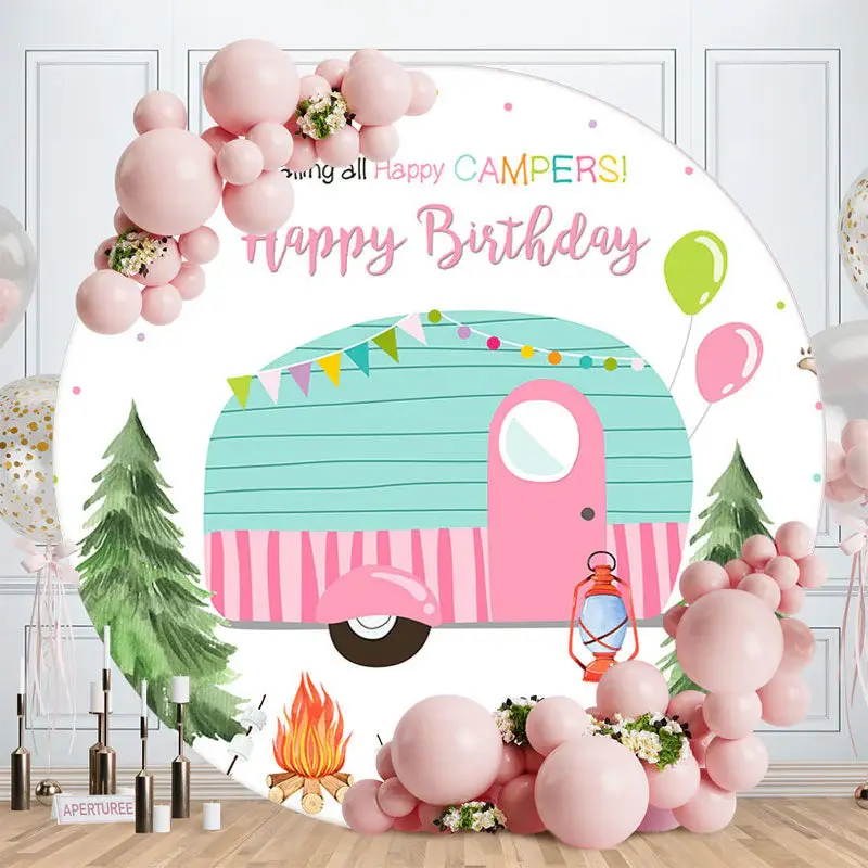 Aperturee Circle Campers Outdoor Happy Birthday Backdrop | Birthday Round Backdrop Cover | Round Backdrop Cover Diy | Circle ...
