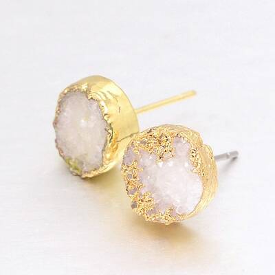 Flat Round Natural Druzy Agate Stud Earrings