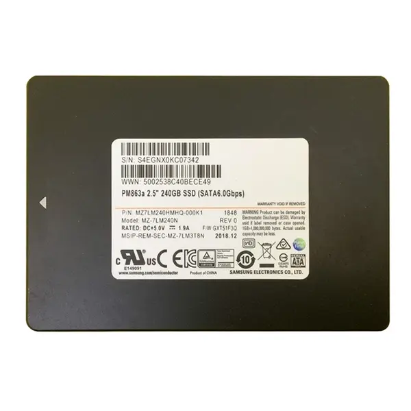 MZ7LM240HMHQ-000K1 Samsung Enterprise PM863a Series 240GB Triple-Level Cell SATA 6Gb/s Read-Intensive 2.5-inch Solid State Dr...