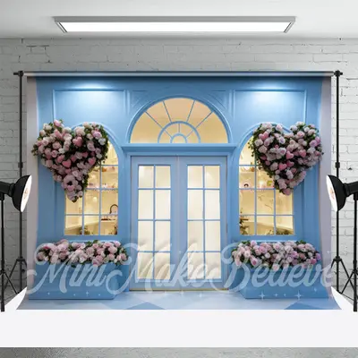 Bright Blue Shop Wall Pink Heart Floral Backdrop - Aperturee