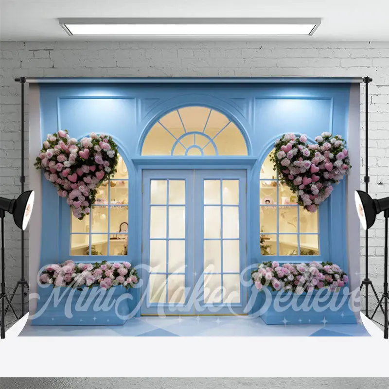 Bright Blue Shop Wall Pink Heart Floral Backdrop - Aperturee