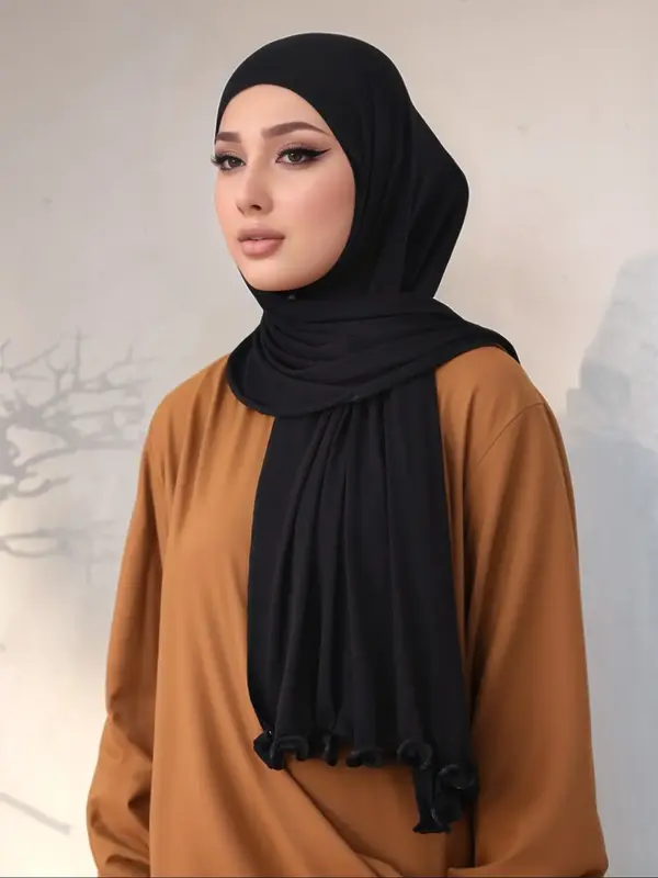 Soft Jersey Hijab Fabric with Ruffles, Elegant Hanging Muslim Headscarf, Ideal for Daily Use, Fashion Enthusiast Choice