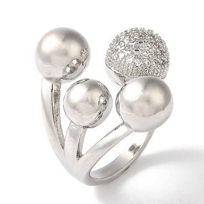 Brass Micro Pave Clear Cubic Zirconia Round Ball Open Cuff Rings for Women