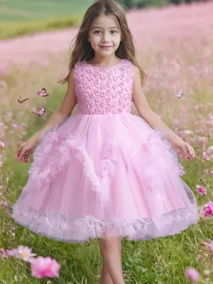 Girl's Flower Decor Bow Back Frill Trim Tulle Formal Dress, Elegant Sleeveless Zipper Back Fit & Flare Dress for Party Perfor...