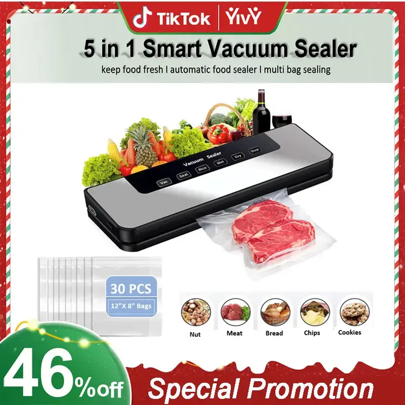 Yivy Vacuum Sealer Machine, Automatic Food Saver with Suction Power, 5 in 1 Food Vacuum Sealer with 30pcs Vacuum Sealer bags,...
