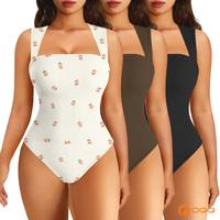 OQQfitness Women's 3-Piece Printed Bodysuit Set Ribbed Square Neck Sleeveless Stretchy Top Nylon Spandex Casual Chic Elegant ...