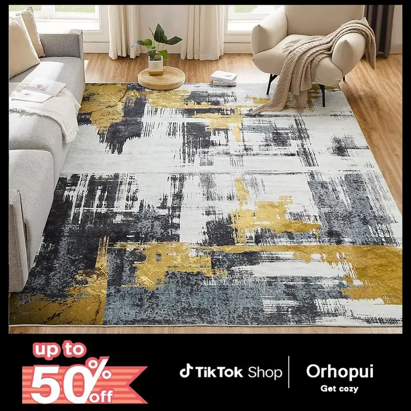 Orhopui Abstract Washable Rug - Machine Washable, Non-Slip, Soft Carpet for Living Room, Bedroom, Kitchen & Dining Room - Bla...