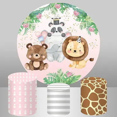 Aperturee Animals Green Leaves Circle Happy Birthday Backdrop | Round Birthday Backdrop Cover | Custom Round Backdrop | Birth...