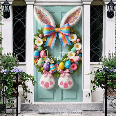 Aperturee Bunny Ear Colorful Wreath Eggs Green Door Cover, 30x80 Inch, 28.48 USD, easter door covers, ANML092A-A