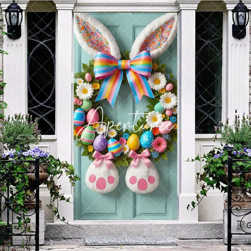 Aperturee Bunny Ear Colorful Wreath Eggs Green Door Cover, 30x80 Inch, 28.48 USD, easter door covers, ANML092A-A