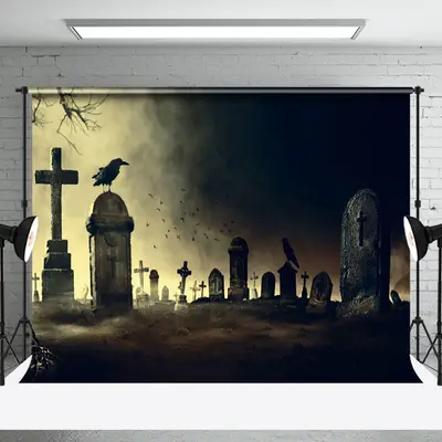 Gloomy Horror Cemetery Crow Halloween Backdrop - Aperturee