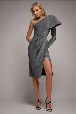 Goddiva One Sleeve Frill Lurex Midi Dress - Silver