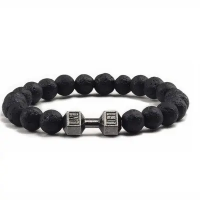 Lava Beads Dumbbell bracelet for men, weight 8mm Lava Rock Natural Stone, Men Stretch Bracelet Bead Bracelet for Women, Alloy...