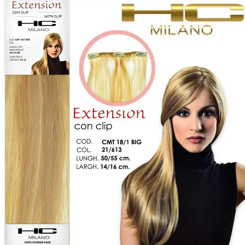 Hc milano extension 3 remy clips width 14-16cm length 50/55 cm col.21/613 clipped very light bright blonde/extra light blonde...