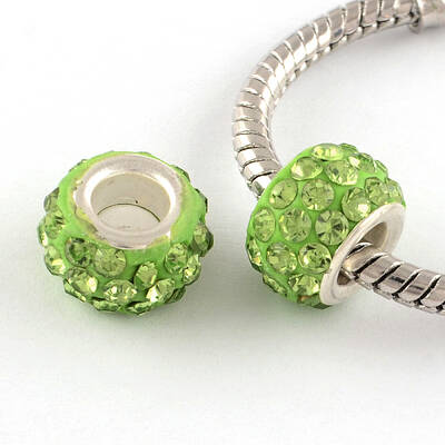 Polymer Clay Rhinestone European Large Hole Beads with Silver Color Plated Brass Cores