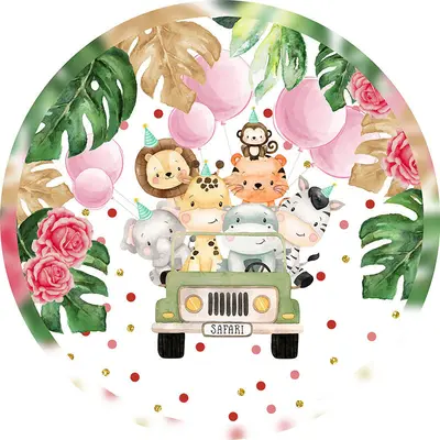 Aperturee Safari Animal Car Balloon Birthday Round Backdrops | Round Backdrop Cover | Custom Round Birthday Backdrop | Circle...