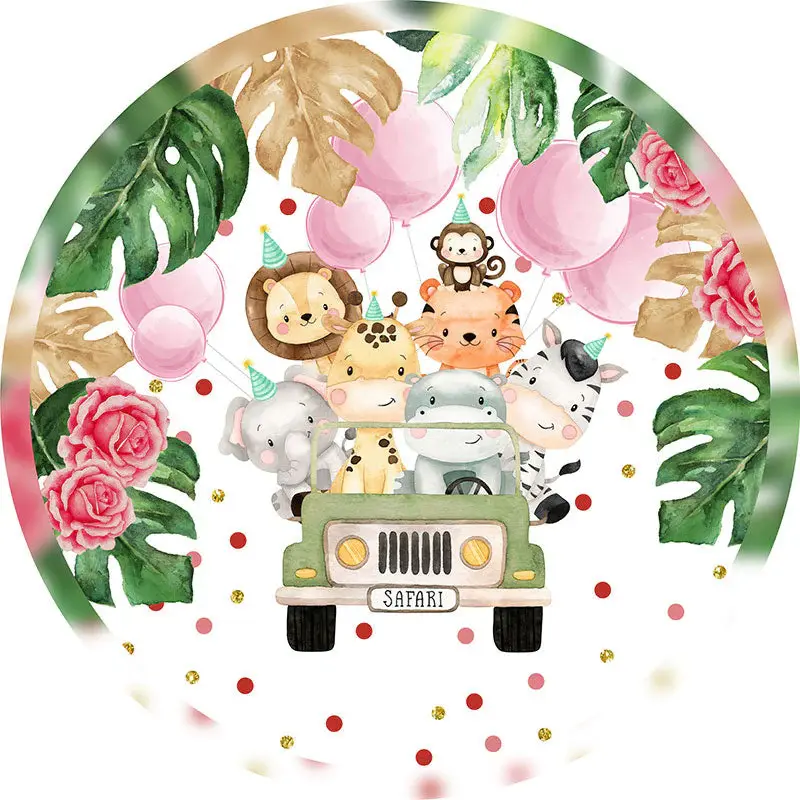 Aperturee Safari Animal Car Balloon Birthday Round Backdrops | Round Backdrop Cover | Custom Round Birthday Backdrop | Circle...