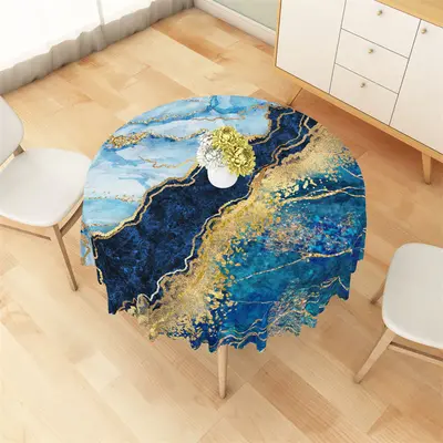 Classic Palace Blue Gold Marble Round Tablecloth - Aperturee
