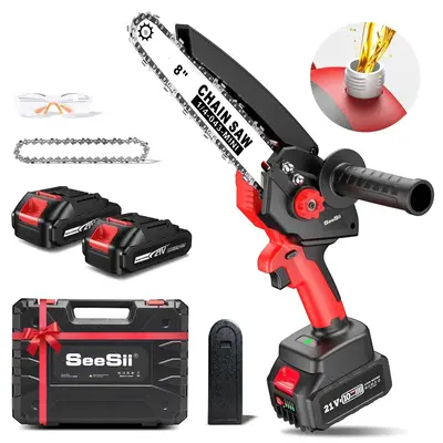 Seesii Mini Chainsaw, 8 inch Electric Battery Chainsaw Cordless, Upgraded Brushless Chainsaw with Oiler, Handheld Chain Saw f...