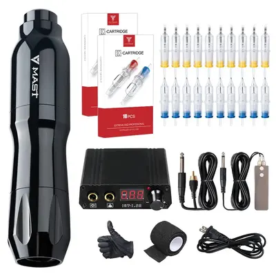 Mast Dawn Rotary Tattoo Pen Machine Kit with Case Power Supply Foot Pedal 20Pcs Cartridges Needles
