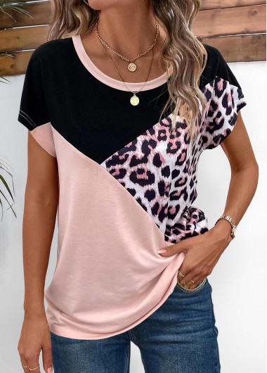 Modlily Light Pink Patchwork Leopard Short Sleeve T Shirt - S
