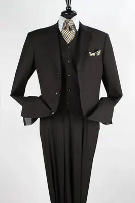 Classic Fit Men's 3-Button Vested Black Suit with Single Pleated Pants