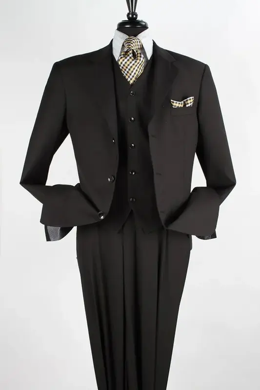 Classic Fit Men's 3-Button Vested Black Suit with Single Pleated Pants